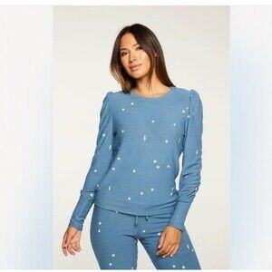 Chaser Starry Bolts Cozy Knit Blue Puff Sleeve Pullover Sweater Top Size Small